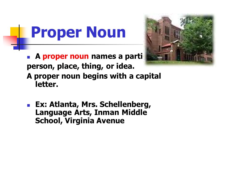 Proper Noun A proper noun names a particular person, place, thing, or idea.