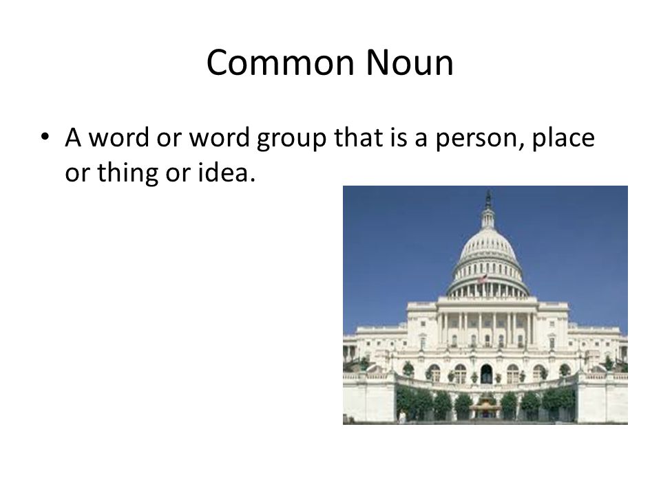Common Noun A word or word group that is a person, place or thing or idea.