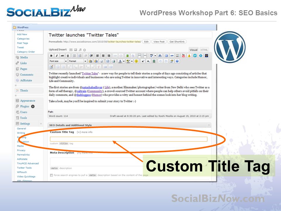 WordPress Workshop Part 6: SEO Basics SocialBizNow.com Custom Title Tag