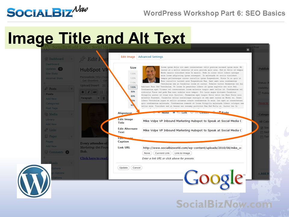 WordPress Workshop Part 6: SEO Basics SocialBizNow.com Image Title and Alt Text