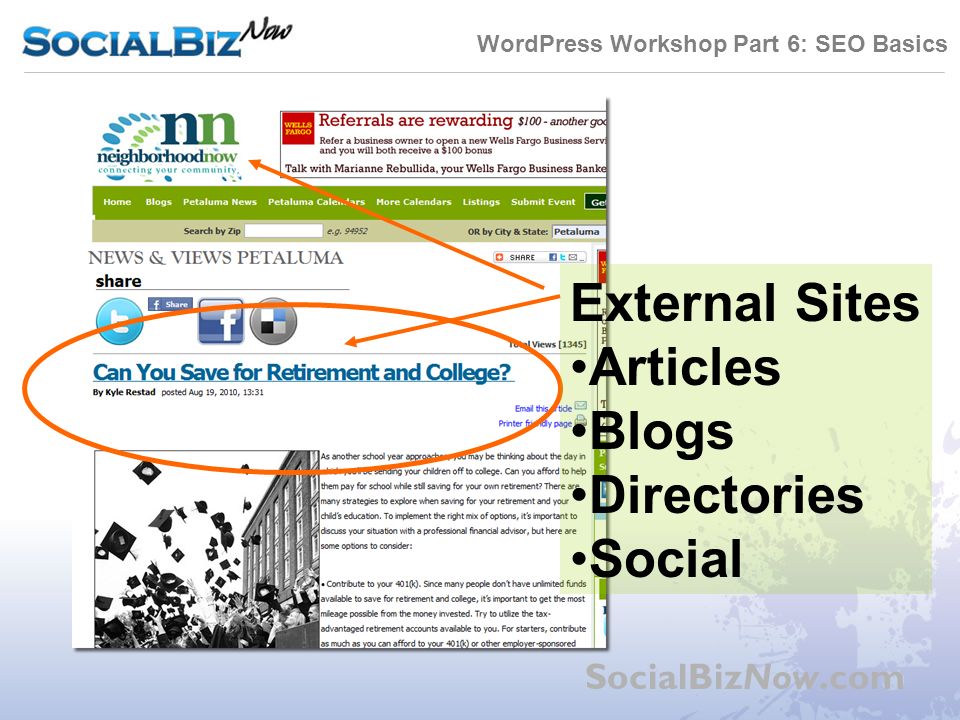 WordPress Workshop Part 6: SEO Basics SocialBizNow.com External Sites Articles Blogs Directories Social