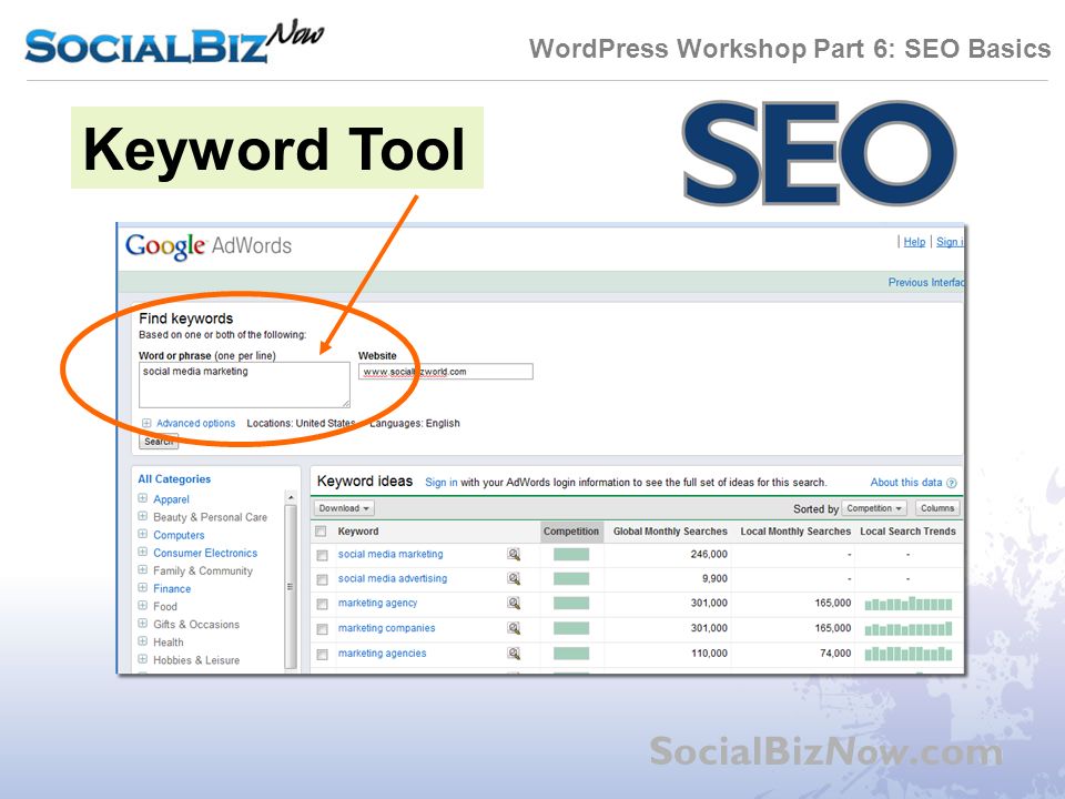 WordPress Workshop Part 6: SEO Basics SocialBizNow.com Keyword Tool