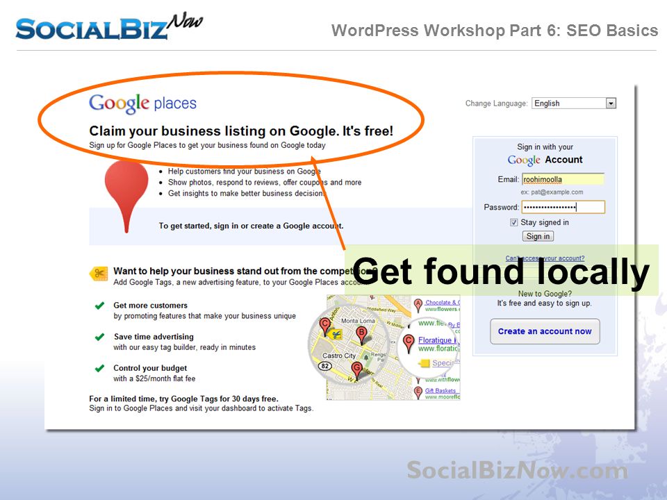 WordPress Workshop Part 6: SEO Basics SocialBizNow.com Get found locally