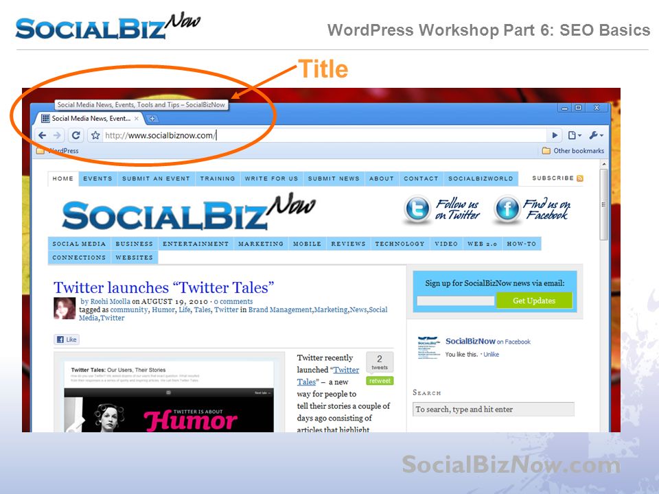 WordPress Workshop Part 6: SEO Basics SocialBizNow.com Title