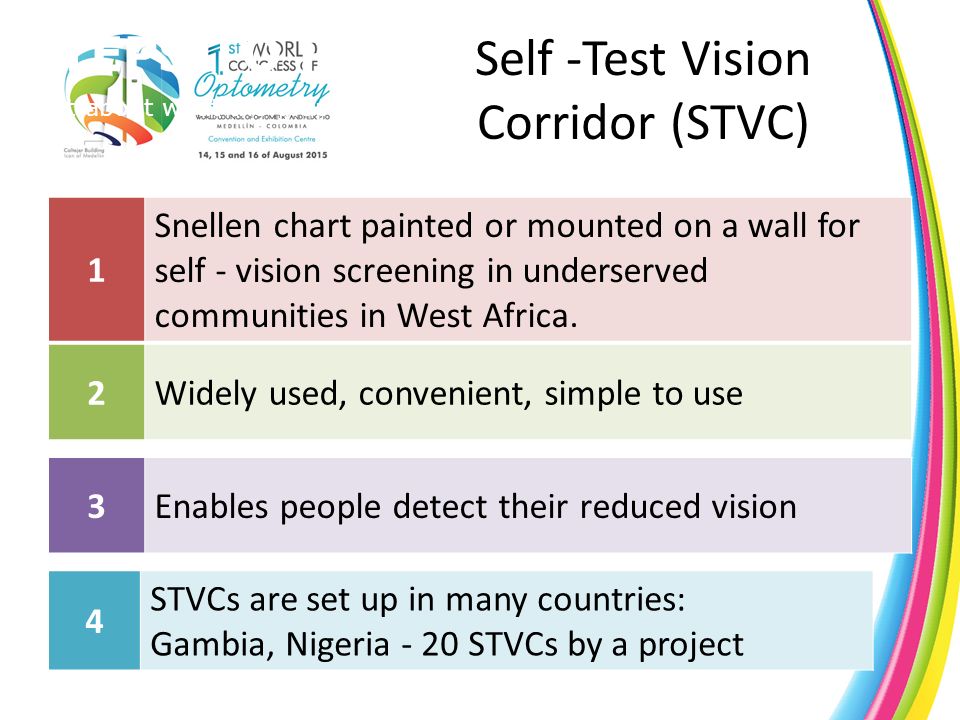4 STVCs are set up in many countries: Gambia, Nigeria - 20 STVCs by a project 3Enables people detect their reduced vision 2Widely used, convenient, simple to use 1 Snellen chart painted or mounted on a wall for self - vision screening in underserved communities in West Africa.