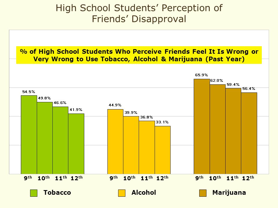 Tobacco High School Students’ Perception of Friends’ Disapproval 9 th 10 th 11 th 12 th Alcohol Marijuana 9 th 10 th 11 th 12 th % of High School Students Who Perceive Friends Feel It Is Wrong or Very Wrong to Use Tobacco, Alcohol & Marijuana (Past Year)