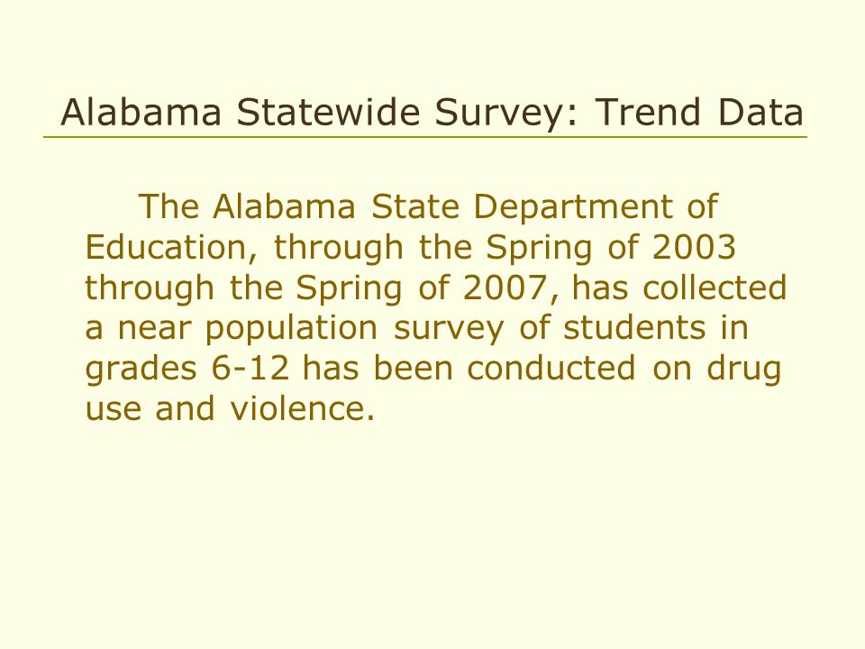 Alabama Statewide Survey: Trend Data The Alabama State Department of Education, through the Spring of 2003 through the Spring of 2007, has collected a near population survey of students in grades 6-12 has been conducted on drug use and violence.