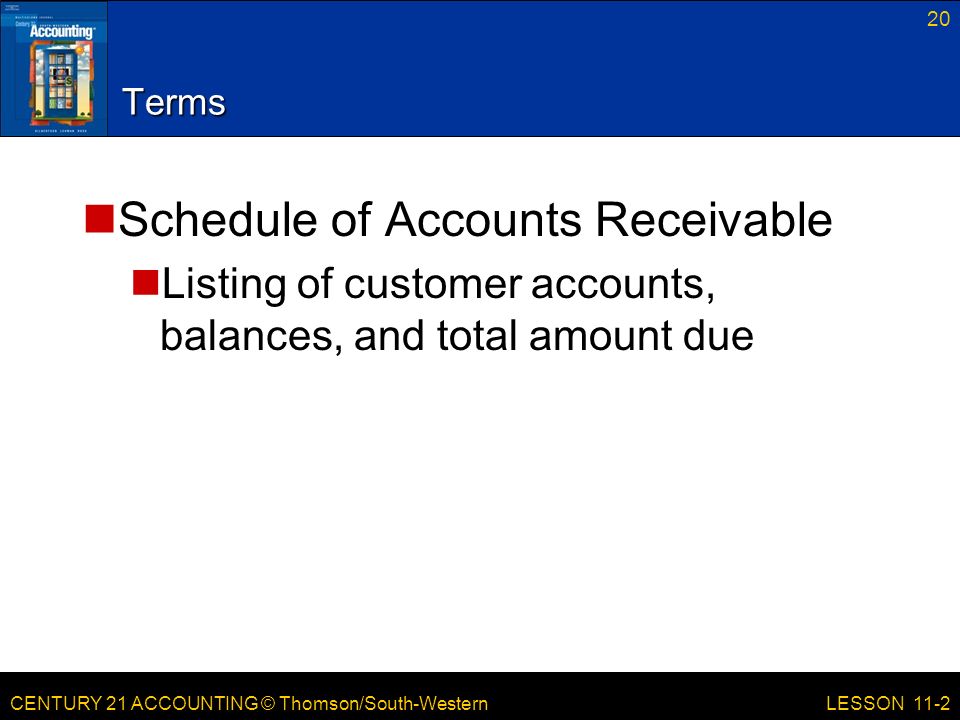 CENTURY 21 ACCOUNTING © Thomson/South-Western Terms Schedule of Accounts Receivable Listing of customer accounts, balances, and total amount due 20 LESSON 11-2