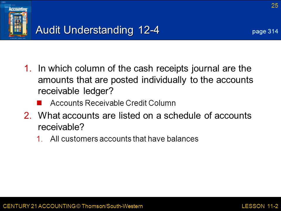 CENTURY 21 ACCOUNTING © Thomson/South-Western 25 LESSON 11-2 Audit Understanding In which column of the cash receipts journal are the amounts that are posted individually to the accounts receivable ledger.