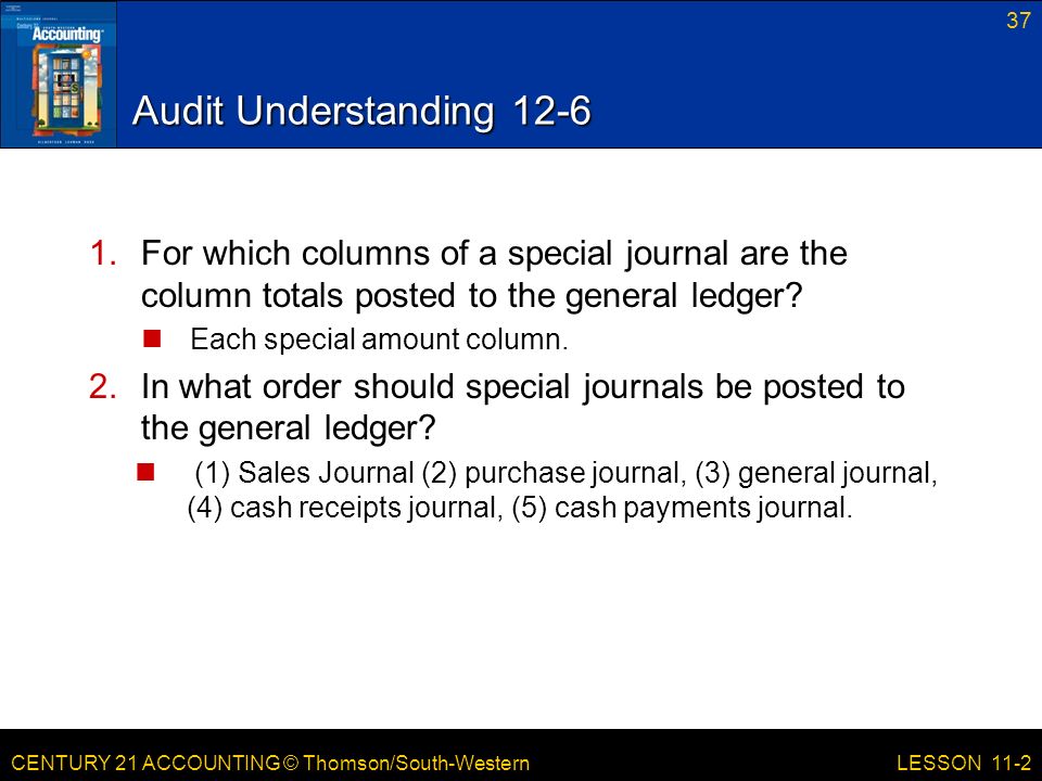 CENTURY 21 ACCOUNTING © Thomson/South-Western Audit Understanding For which columns of a special journal are the column totals posted to the general ledger.