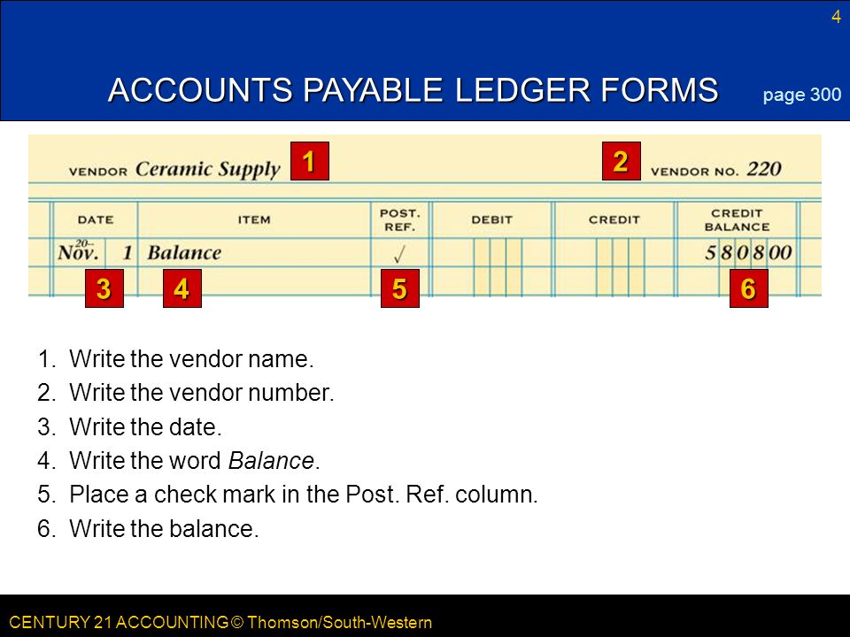 CENTURY 21 ACCOUNTING © Thomson/South-Western 4 LESSON CENTURY 21 ACCOUNTING © Thomson/South-Western ACCOUNTS PAYABLE LEDGER FORMS page Write the vendor name.