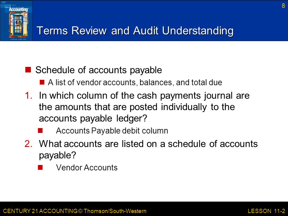 CENTURY 21 ACCOUNTING © Thomson/South-Western Terms Review and Audit Understanding Schedule of accounts payable A list of vendor accounts, balances, and total due 1.In which column of the cash payments journal are the amounts that are posted individually to the accounts payable ledger.