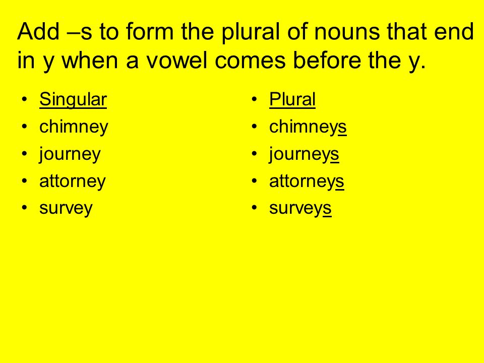 Add –s to form the plural of nouns that end in y when a vowel comes before the y.