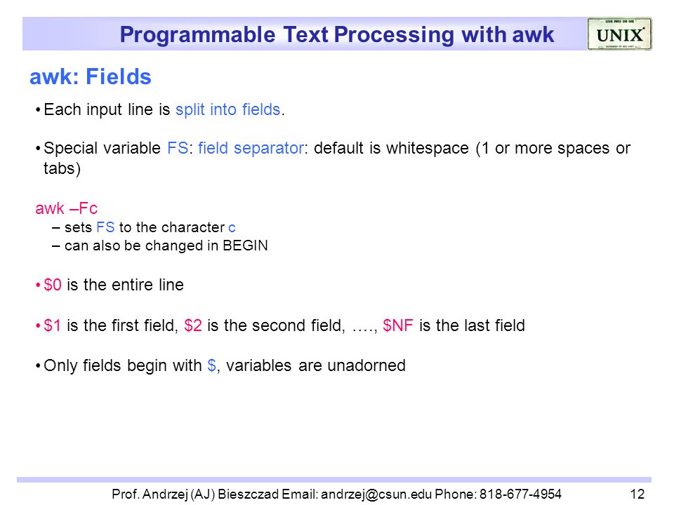 Programmable Text Processing with awk Lecturer Prof. Andrzej (AJ