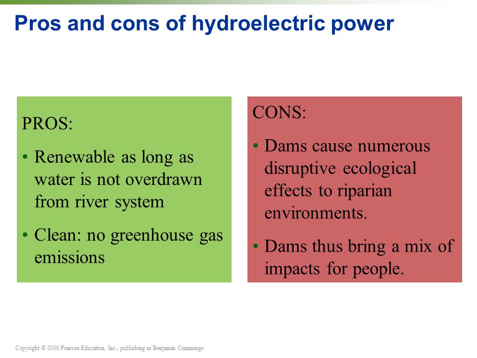 Copyright © 2006 Pearson Education, Inc., publishing as Benjamin Cummings Pros and cons of hydroelectric power PROS: Renewable as long as water is not overdrawn from river system Clean: no greenhouse gas emissions CONS: Dams cause numerous disruptive ecological effects to riparian environments.