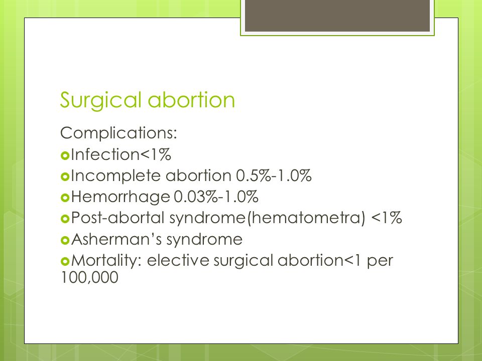 Surgical abortion Complications:  Infection<1%  Incomplete abortion 0.5%-1.0%  Hemorrhage 0.03%-1.0%  Post-abortal syndrome(hematometra) <1%  Asherman’s syndrome  Mortality: elective surgical abortion<1 per 100,000