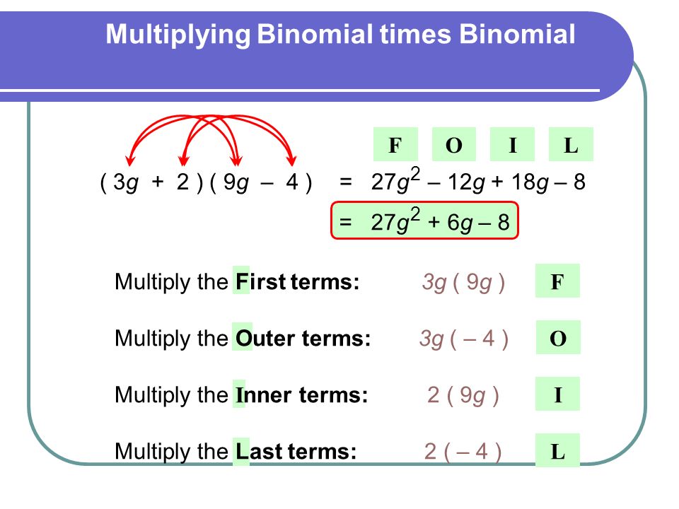 Multiplying Binomial times Binomial F ( 3g + 2 ) ( 9g – 4 ) O I L 3g ( 9g )Multiply the First terms: 3g ( – 4 )Multiply the Outer terms: 2 ( 9g )Multiply the I nner terms: 2 ( – 4 )Multiply the Last terms: = 27g – 12g + 18g – 8 2 = 27g + 6g – 8 2 FOIL