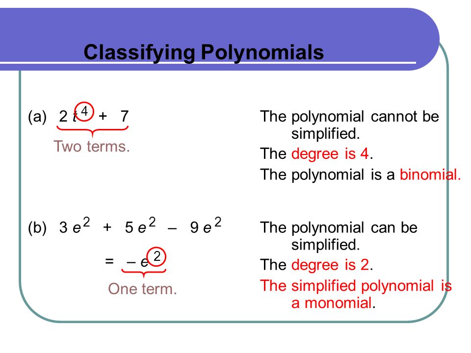 Classifying Polynomials (a)2 t The polynomial cannot be simplified.