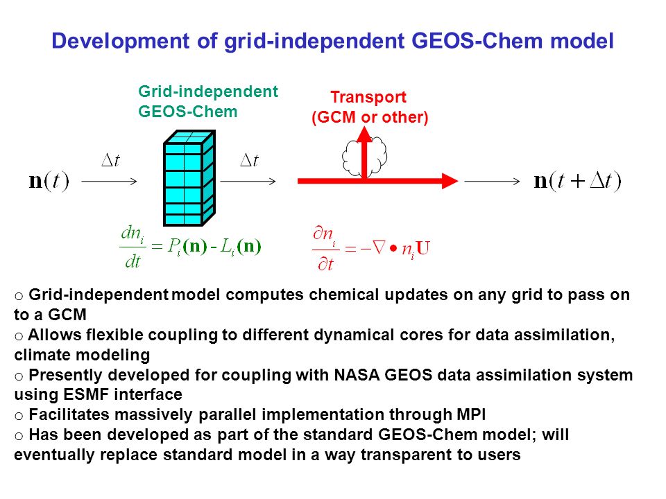 Development of grid-independent GEOS-Chem model Grid-independent GEOS-Chem Transport (GCM or other) o Grid-independent model computes chemical updates on any grid to pass on to a GCM o Allows flexible coupling to different dynamical cores for data assimilation, climate modeling o Presently developed for coupling with NASA GEOS data assimilation system using ESMF interface o Facilitates massively parallel implementation through MPI o Has been developed as part of the standard GEOS-Chem model; will eventually replace standard model in a way transparent to users