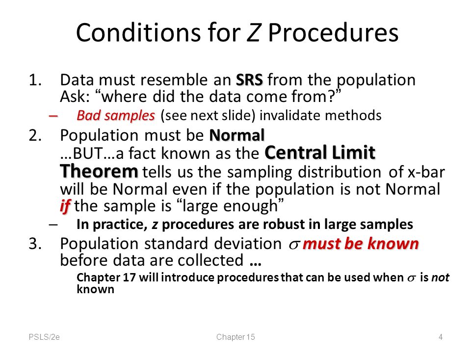 Conditions for Z Procedures SRS 1.Data must resemble an SRS from the population Ask: where did the data come from.