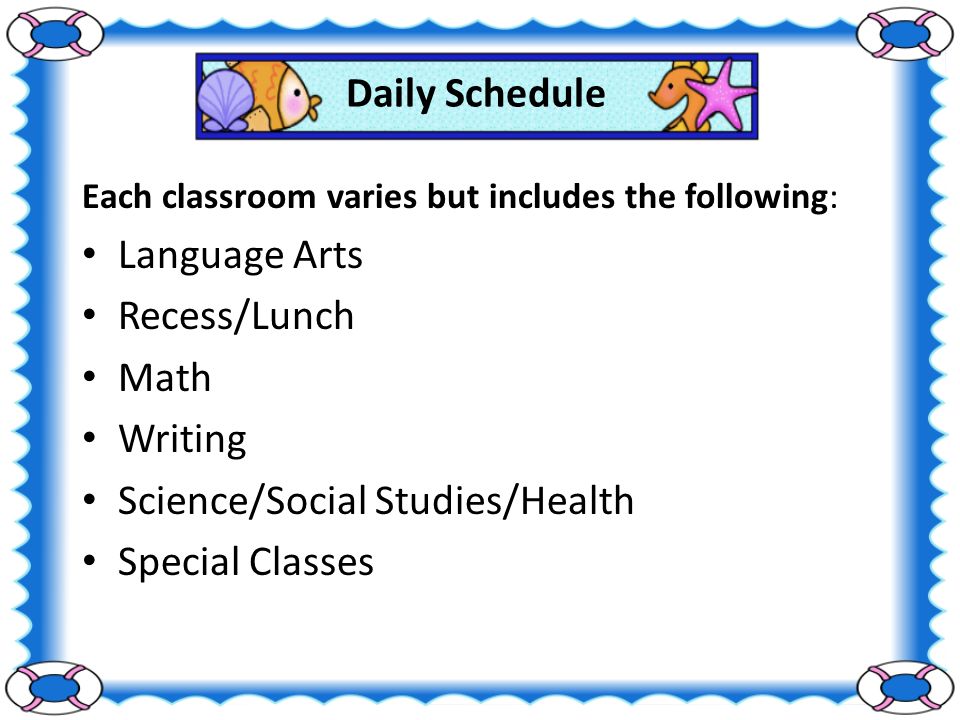 Daily Schedule Each classroom varies but includes the following: Language Arts Recess/Lunch Math Writing Science/Social Studies/Health Special Classes
