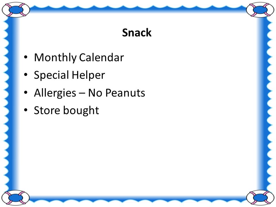 Snack Monthly Calendar Special Helper Allergies – No Peanuts Store bought