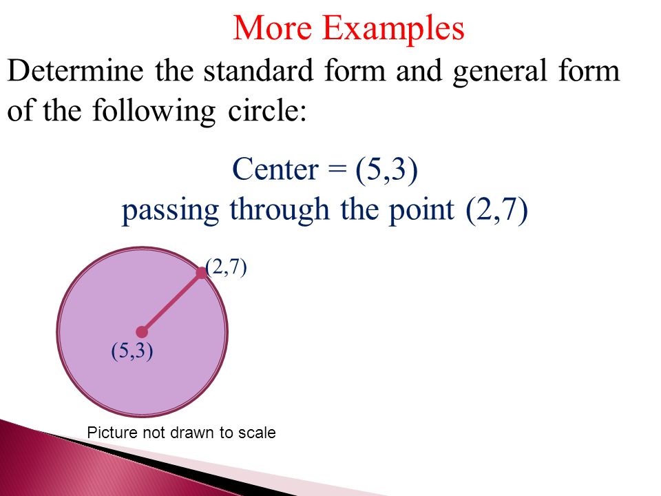 More Examples Determine the standard form and general form of the following circle: Center = (5,3) passing through the point (2,7) (5,3) (2,7) Picture not drawn to scale
