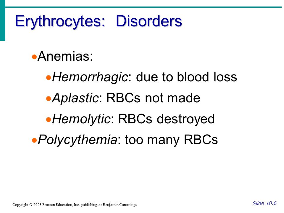 Erythrocytes: Disorders Slide 10.6 Copyright © 2003 Pearson Education, Inc.