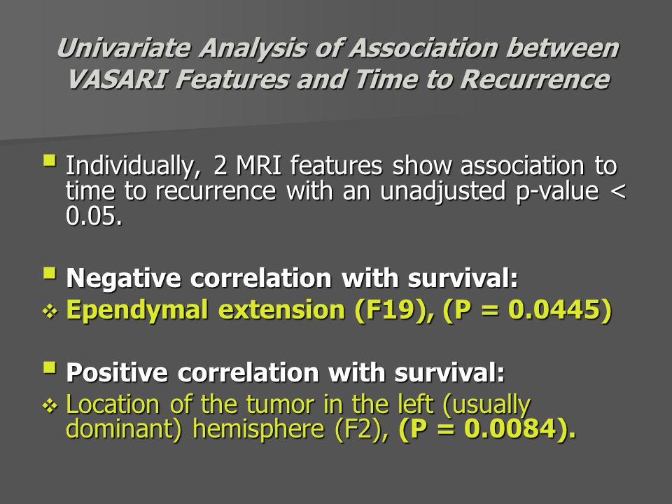 Univariate Analysis of Association between VASARI Features and Time to Recurrence  Individually, 2 MRI features show association to time to recurrence with an unadjusted p-value < 0.05.