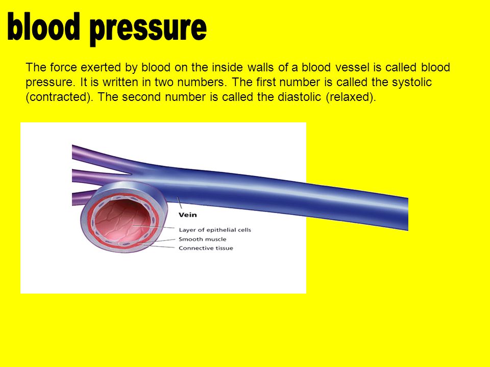 The force exerted by blood on the inside walls of a blood vessel is called blood pressure.