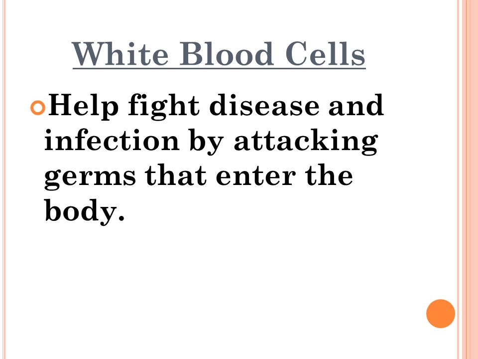 White Blood Cells Help fight disease and infection by attacking germs that enter the body.