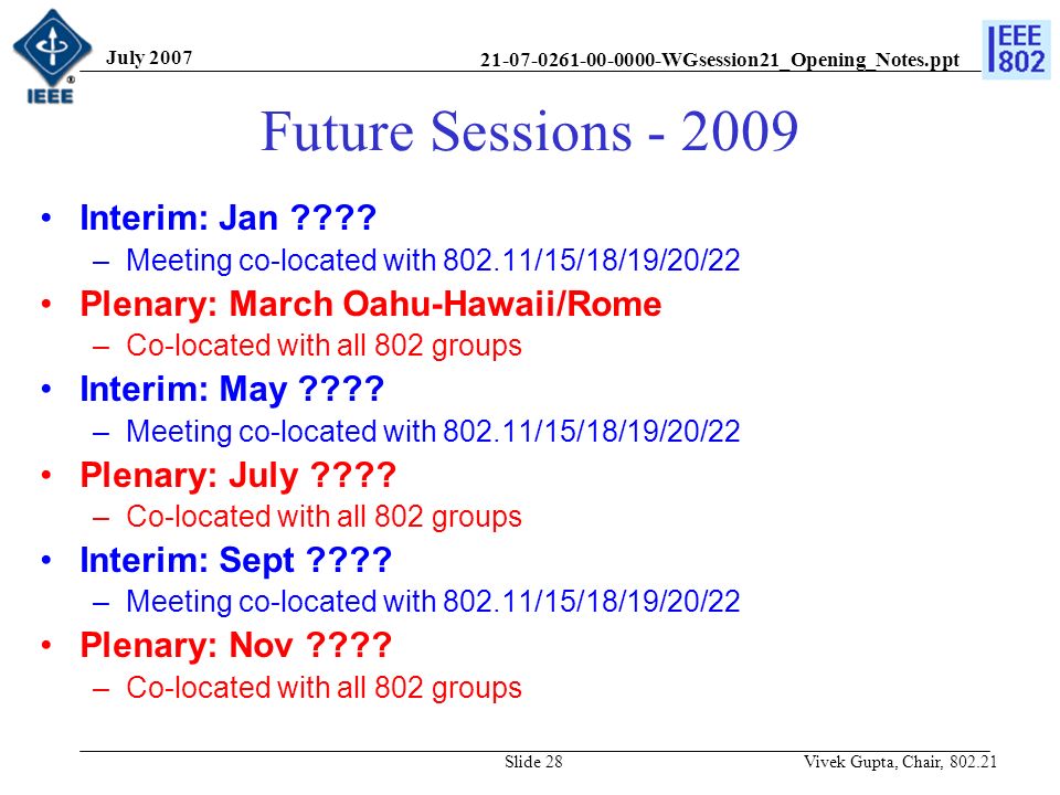 WGsession21_Opening_Notes.ppt July 2007 Vivek Gupta, Chair, Slide 28 Future Sessions Interim: Jan .
