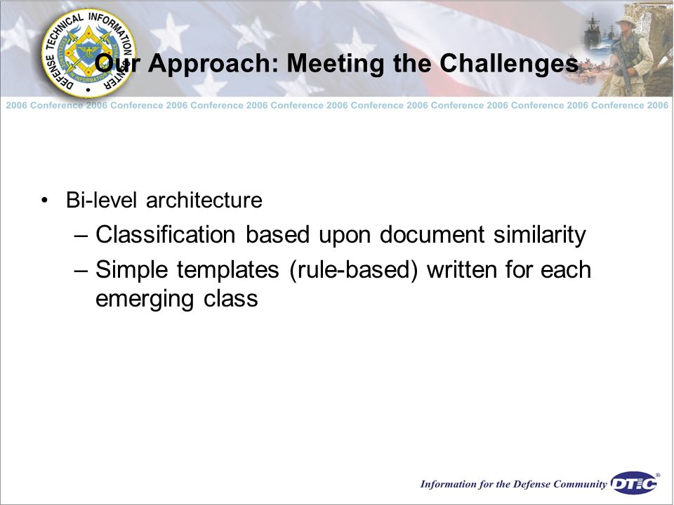 Our Approach: Meeting the Challenges Bi-level architecture –Classification based upon document similarity –Simple templates (rule-based) written for each emerging class