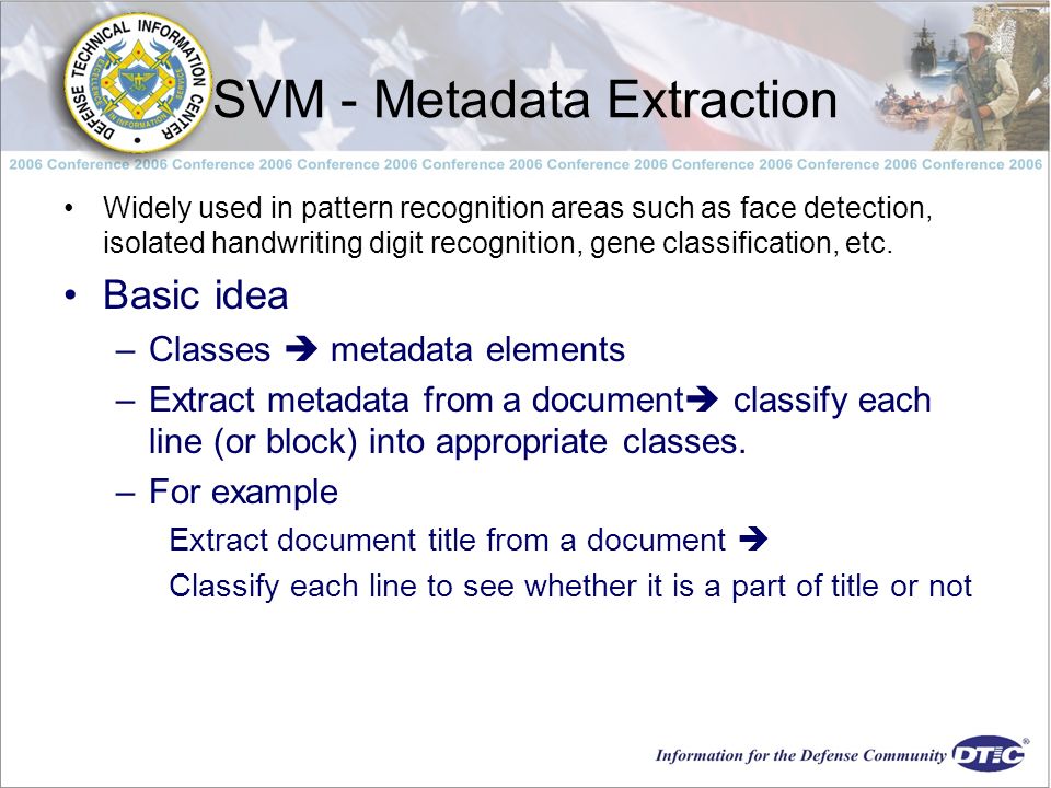 SVM - Metadata Extraction Widely used in pattern recognition areas such as face detection, isolated handwriting digit recognition, gene classification, etc.