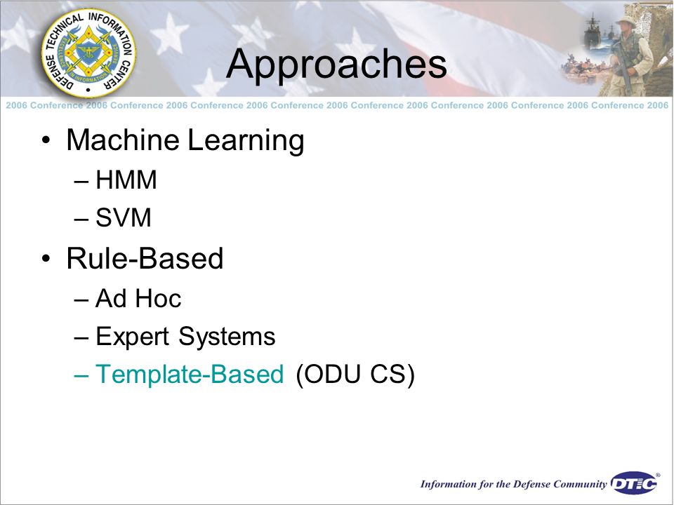 Approaches Machine Learning –HMM –SVM Rule-Based –Ad Hoc –Expert Systems –Template-Based (ODU CS)