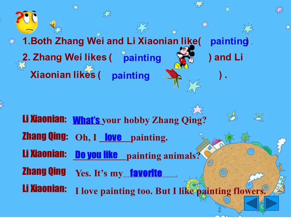 1.Both Zhang Wei and Li Xiaonian like( ). 2. Zhang Wei likes ( ) and Li Xiaonian likes ( ).