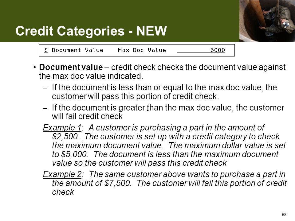 Credit Categories - NEW Document value – credit check checks the document value against the max doc value indicated.