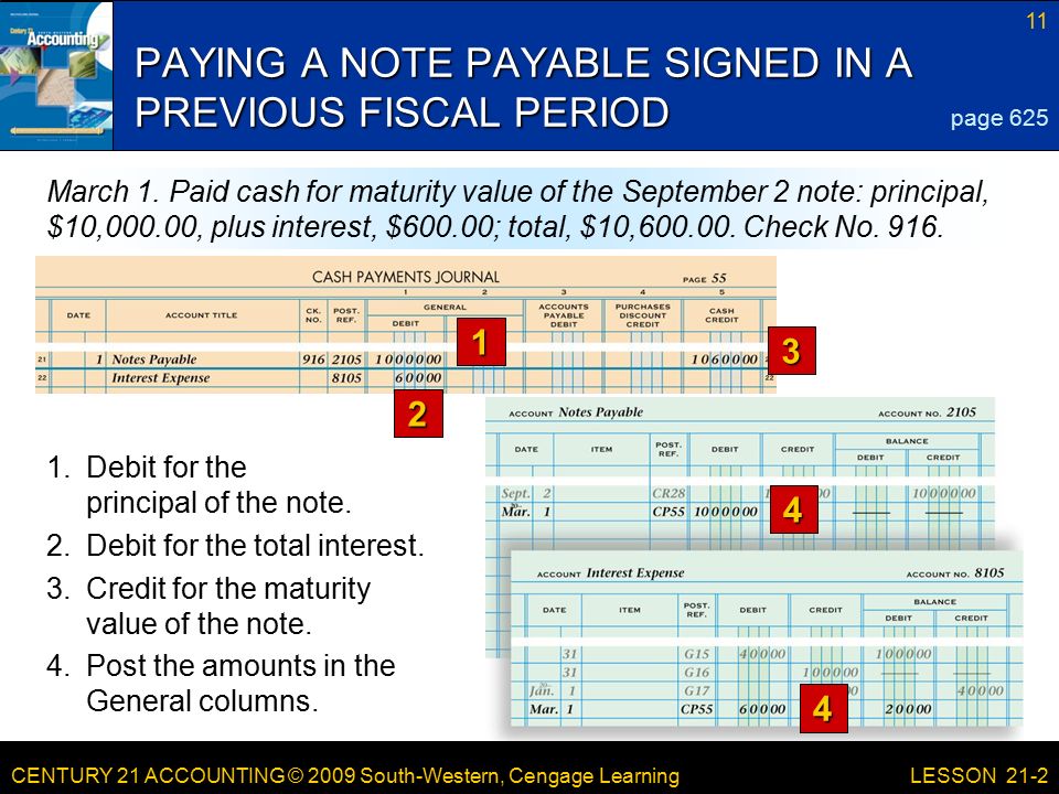 CENTURY 21 ACCOUNTING © 2009 South-Western, Cengage Learning 11 LESSON 21-2 PAYING A NOTE PAYABLE SIGNED IN A PREVIOUS FISCAL PERIOD page 625 March 1.