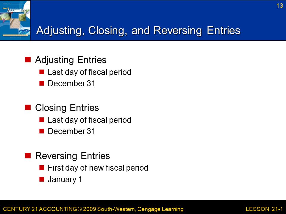 CENTURY 21 ACCOUNTING © 2009 South-Western, Cengage Learning Adjusting, Closing, and Reversing Entries Adjusting Entries Last day of fiscal period December 31 Closing Entries Last day of fiscal period December 31 Reversing Entries First day of new fiscal period January 1 13 LESSON 21-1