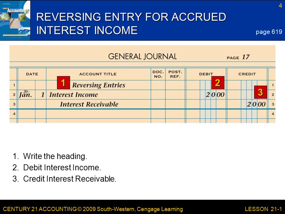 CENTURY 21 ACCOUNTING © 2009 South-Western, Cengage Learning 4 LESSON 21-1 REVERSING ENTRY FOR ACCRUED INTEREST INCOME 12 3 page Write the heading.
