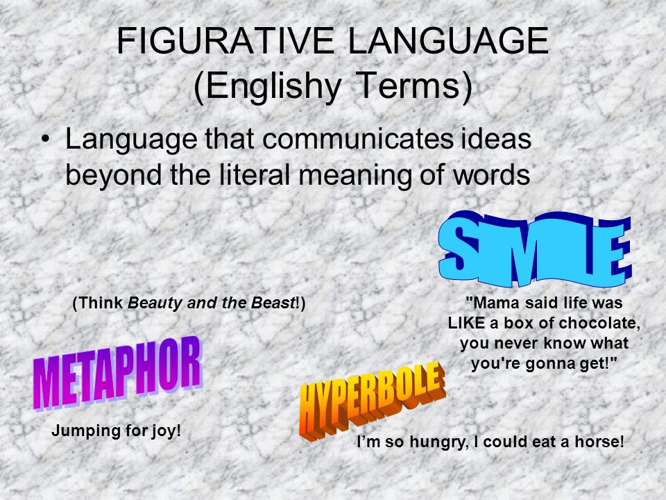 FIGURATIVE LANGUAGE (Englishy Terms) Language that communicates ideas beyond the literal meaning of words Mama said life was LIKE a box of chocolate, you never know what you re gonna get! Jumping for joy.