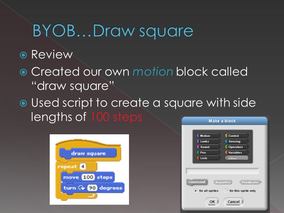  Review  Created our own motion block called draw square  Used script to create a square with side lengths of 100 steps