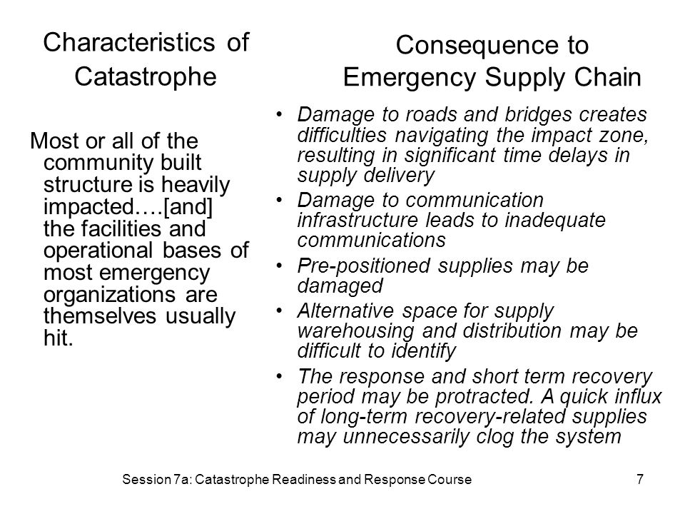 Session 7a: Catastrophe Readiness and Response Course7 Characteristics of Catastrophe Most or all of the community built structure is heavily impacted….[and] the facilities and operational bases of most emergency organizations are themselves usually hit.