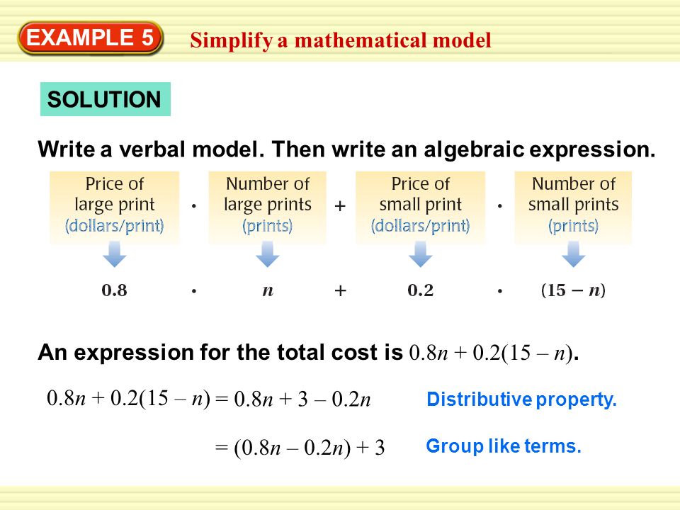 Warm-Up Exercises SOLUTION EXAMPLE 5 Simplify a mathematical model Write a verbal model.