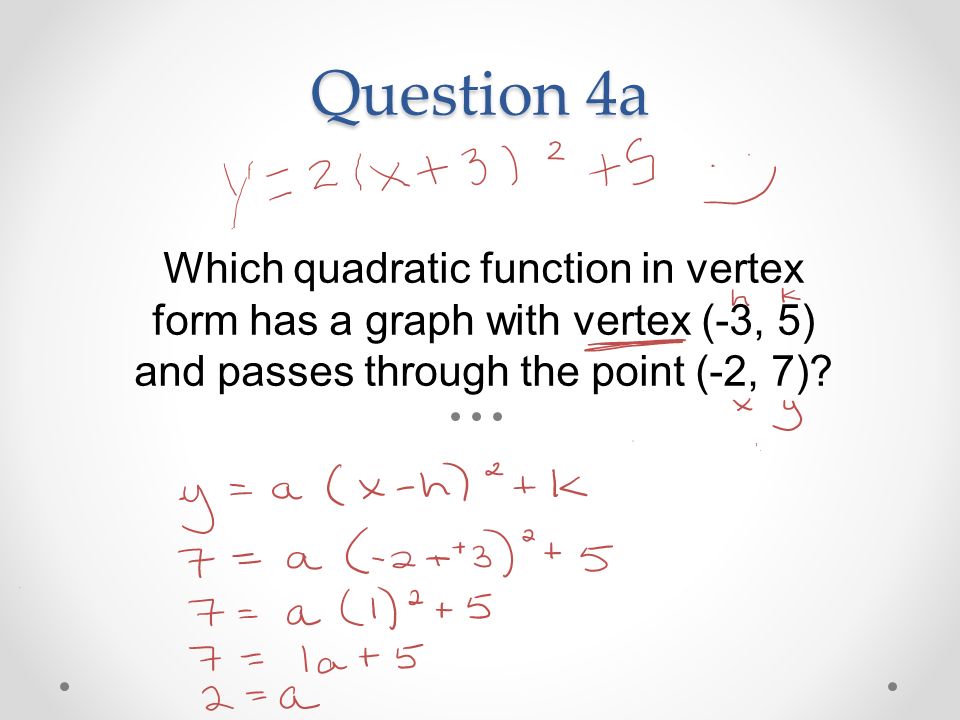 Question 4a Which quadratic function in vertex form has a graph with vertex (-3, 5) and passes through the point (-2, 7)