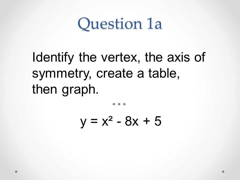 Question 1a Identify the vertex, the axis of symmetry, create a table, then graph. y = x² - 8x + 5