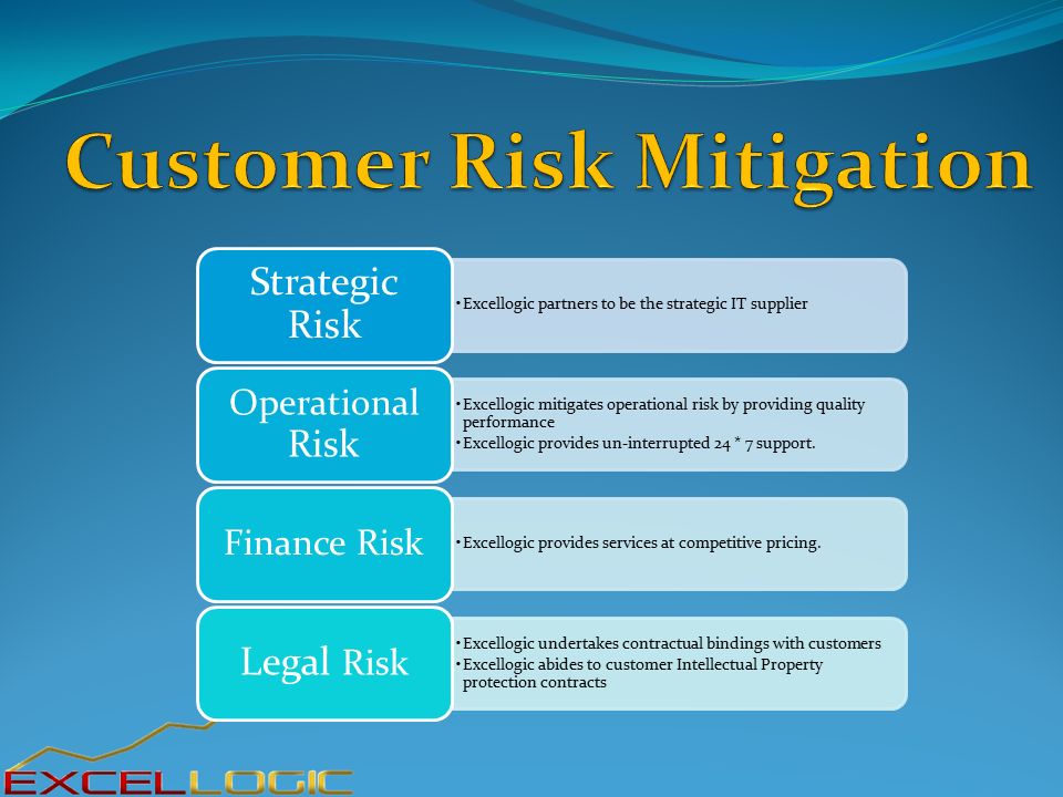 Excellogic partners to be the strategic IT supplier Strategic Risk Excellogic mitigates operational risk by providing quality performance Excellogic provides un-interrupted 24 * 7 support.