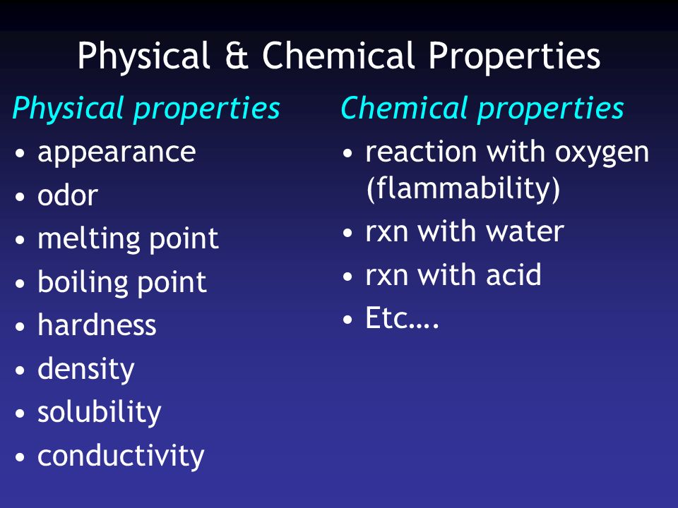 Physical & Chemical Properties Physical properties appearance odor melting point boiling point hardness density solubility conductivity Chemical properties reaction with oxygen (flammability) rxn with water rxn with acid Etc….
