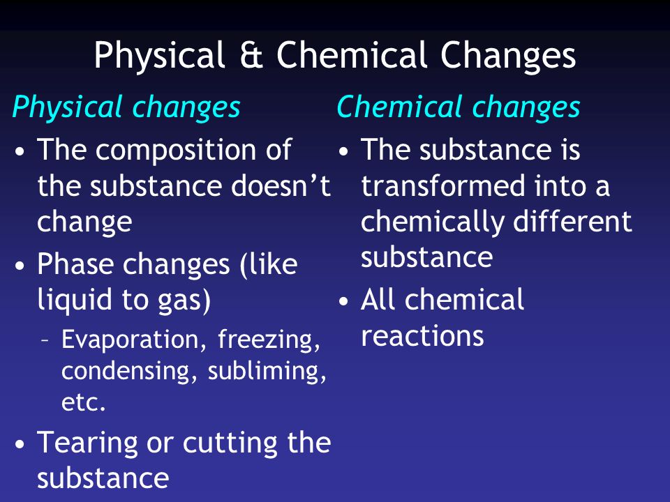 Physical & Chemical Changes Physical changes The composition of the substance doesn’t change Phase changes (like liquid to gas) –Evaporation, freezing, condensing, subliming, etc.