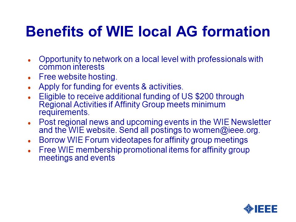 Benefits of WIE local AG formation l Opportunity to network on a local level with professionals with common interests l Free website hosting.